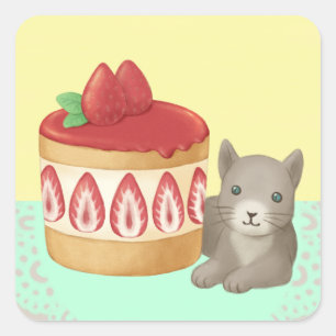 かわいい猫とデザートイラストレーションアート スクエアシール