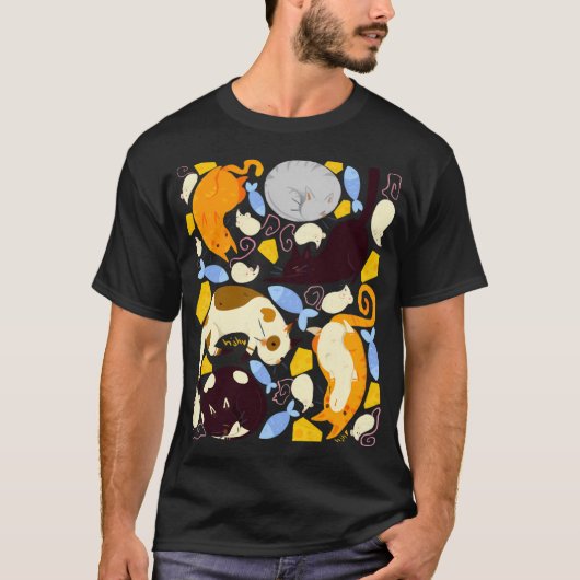 かわいい猫とネズミの模様 Tシャツ (正面)