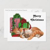 かわいい猫とネズミ、クリスマスプレゼント シーズンポストカード (正面/裏面)