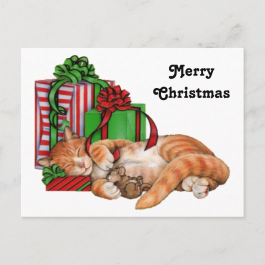 かわいい猫とネズミ、クリスマスプレゼント シーズンポストカード (正面)