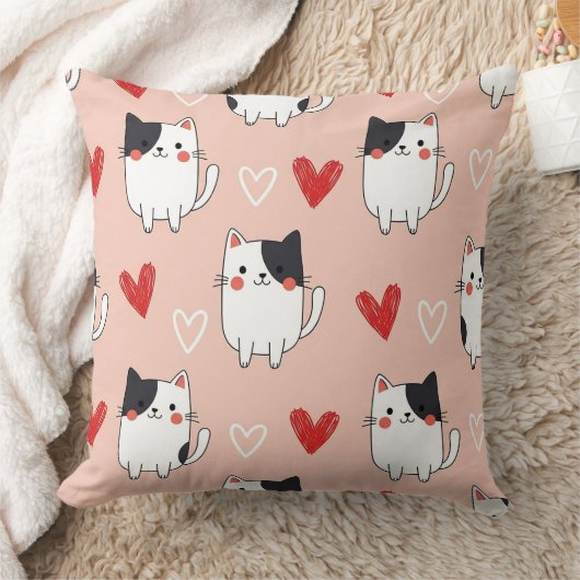 かわいい猫とハートのバレンタイン柄 (1) クッション (ブランケット)