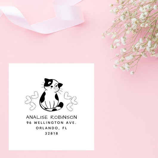 かわいい猫とハートカスタム差出人住所 ラバースタンプ