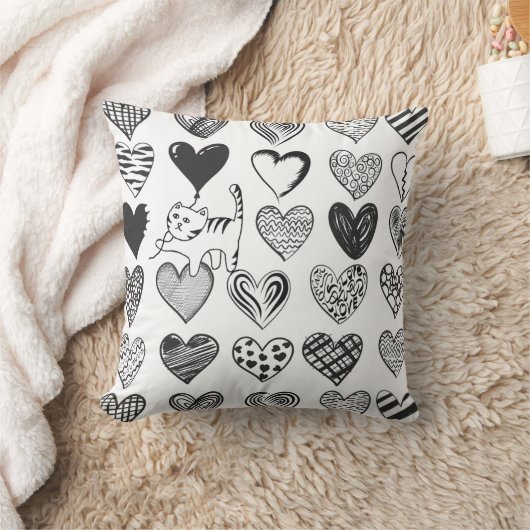 かわいい猫とハート白黒パターン クッション (ブランケット)