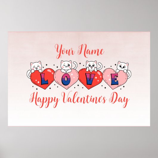 かわいい猫とハート、バイセクシャルのフラッグカラー ポスター (正面)