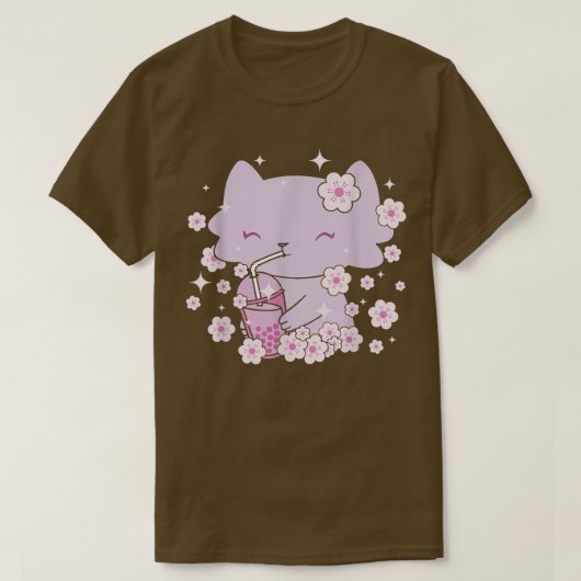 かわいい猫とバブルティー、ボバ茶と桜 Tシャツ (デザイン正面)