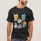 かわいい猫とピザ、タピオカティーとコーヒー - 楽しいデザイン Tシャツ (正面)