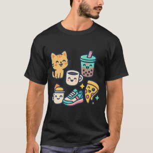 かわいい猫とピザ、タピオカティーとコーヒー - 楽しいデザイン Tシャツ