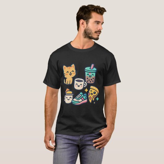 かわいい猫とピザ、タピオカティーとコーヒー - 楽しいデザイン Tシャツ (正面フル)