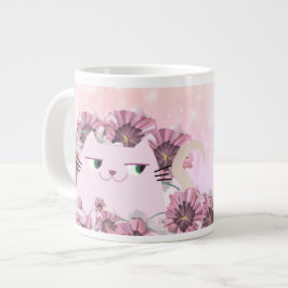 かわいい猫とピンクの花 ジャンボコーヒーマグカップ
