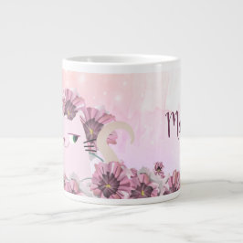 かわいい猫とピンクの花 ジャンボコーヒーマグカップ