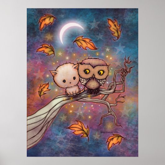 かわいい猫とフクロウのイラスト ポスター (正面)
