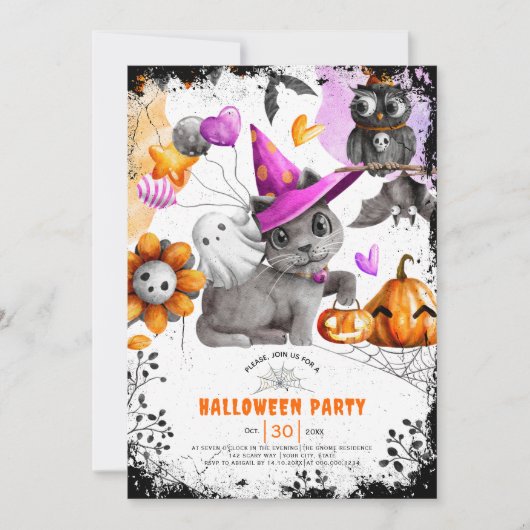 かわいい猫とフクロウのハローウィンパーティ 招待状 (正面)