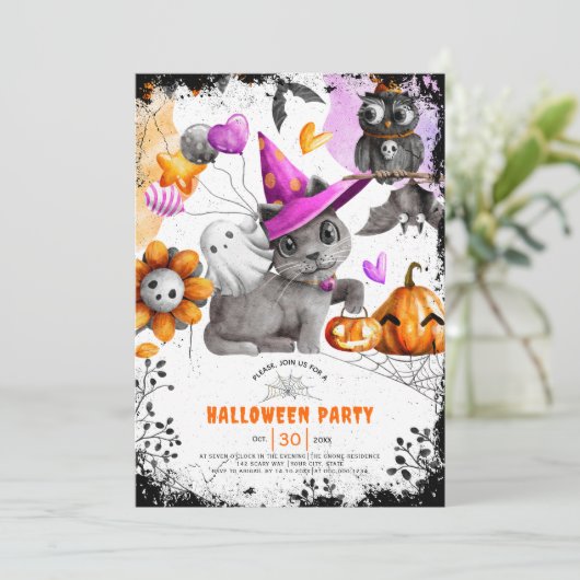 かわいい猫とフクロウのハローウィンパーティ 招待状 (スタンド正面)