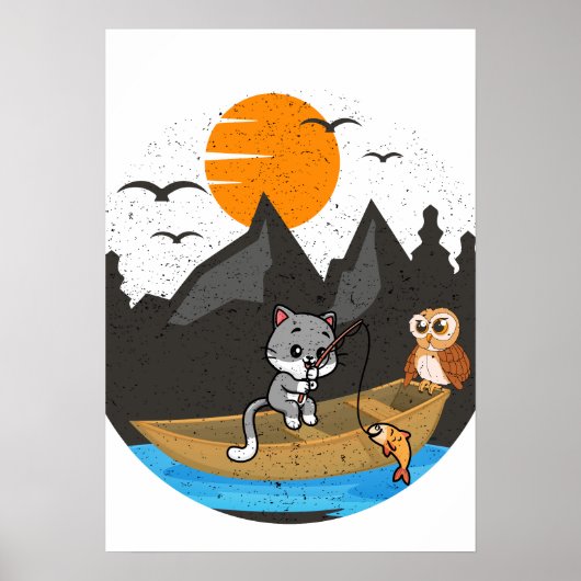 かわいい猫とフクロウの釣りボート自然アート ポスター (正面)