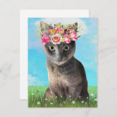 かわいい猫とフローラクラウングリーティングカード 招待状 (正面/裏面)