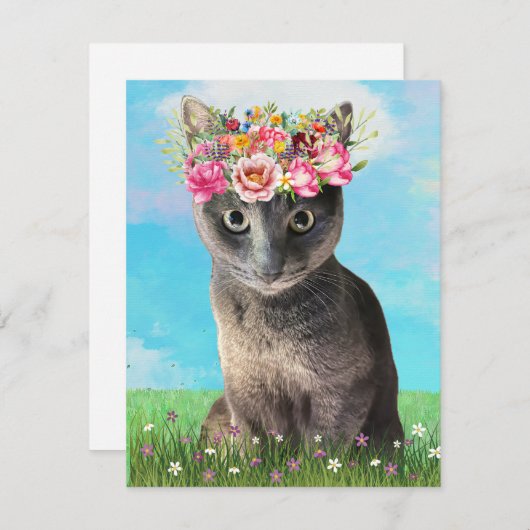 かわいい猫とフローラクラウングリーティングカード 招待状 (正面/裏面)