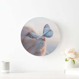 かわいい猫とブルーバタフライ ラージ壁時計