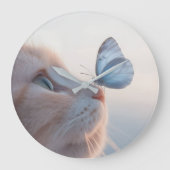 かわいい猫とブルーバタフライ ラージ壁時計 (正面)