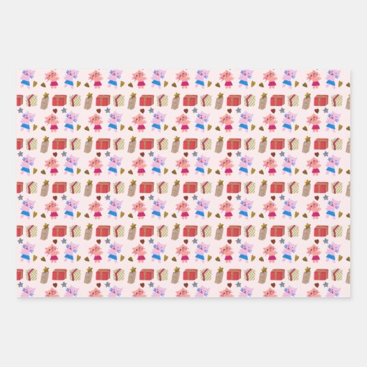 かわいい猫とプレゼントたち手作りパターンキッズ ラッピングペーパーシート (正面)