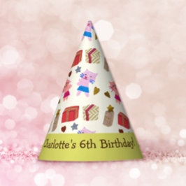 かわいい猫とプレゼントイエローグリーン子供の誕生日 パーティーハット