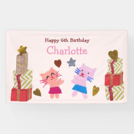 かわいい猫とプレゼントピンク子供の誕生日パーティー 横断幕