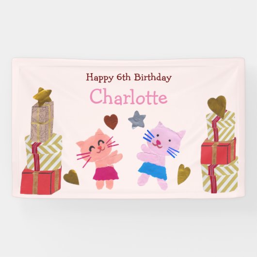 かわいい猫とプレゼントピンク子供の誕生日パーティー 横断幕 (横)
