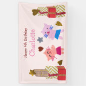 かわいい猫とプレゼントピンク子供の誕生日パーティー 横断幕 (縦)