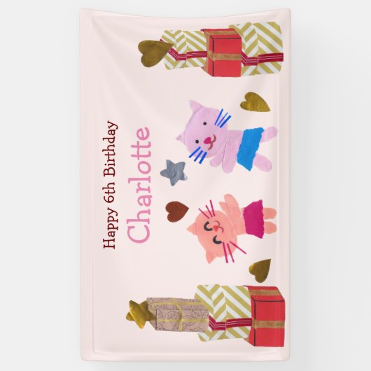 かわいい猫とプレゼントピンク子供の誕生日パーティー 横断幕 (縦)