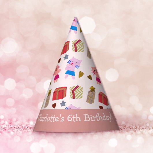 かわいい猫とプレゼントピンク子供の誕生日 パーティーハット