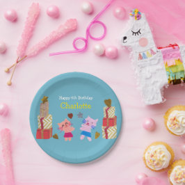 かわいい猫とプレゼントブルー子供の誕生日パーティー ペーパープレート