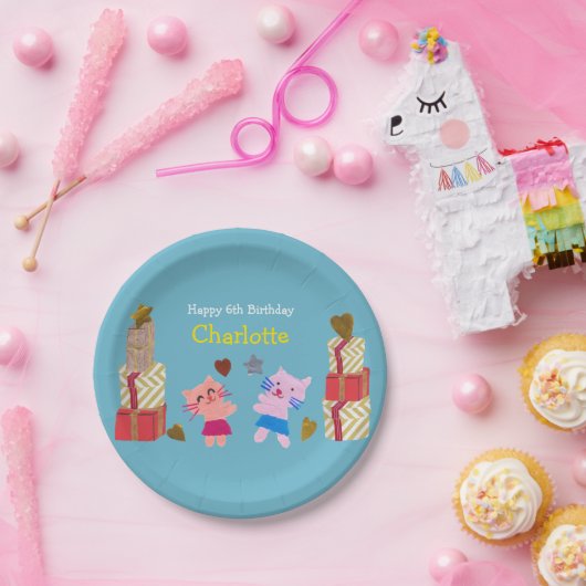 かわいい猫とプレゼントブルー子供の誕生日パーティー ペーパープレート (パーティー)