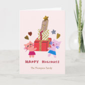 かわいい猫とプレゼントベビーピンクの休日 カード (正面)