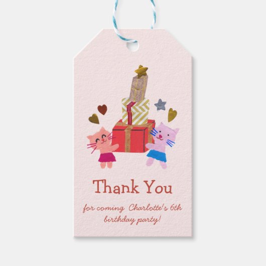 かわいい猫とプレゼント|ピンクの誕生日パーティー ギフトタグ (正面)