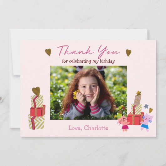 かわいい猫とプレゼント | ピンクの誕生日パーティー サンキューカード (正面)