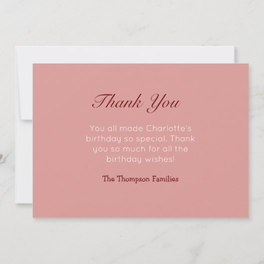 かわいい猫とプレゼント | ピンクの誕生日パーティー サンキューカード (裏面)