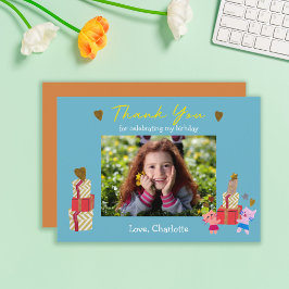 かわいい猫とプレゼント 青い子供の誕生日写真 サンキューカード