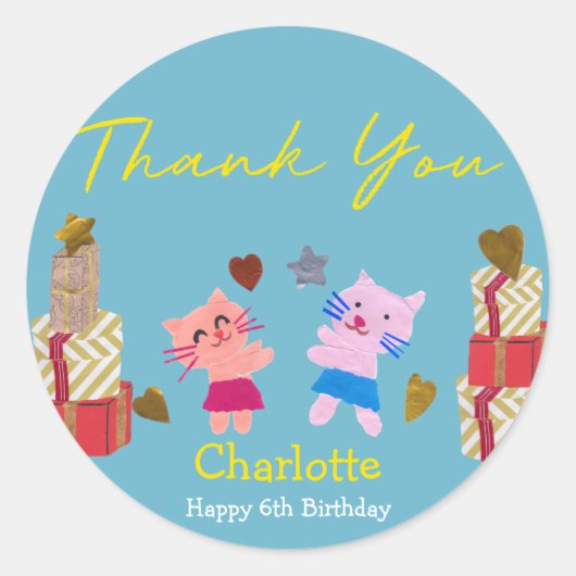 かわいい猫とプレゼント |青い誕生日パーティー ラウンドシール (正面)