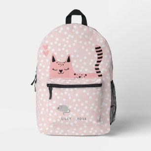 かわいい猫とマウス – ピンクと白の水玉模様たち プリントバックパック