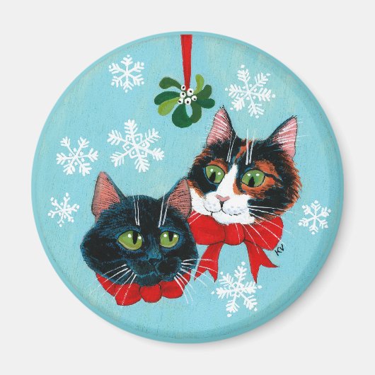 かわいい猫とヤドリギのクリスマス雪 マグネット (正面)