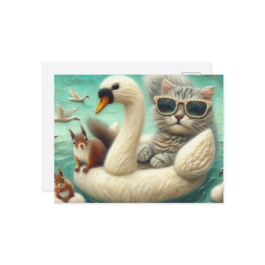 かわいい猫とリス毛織の白鳥ボート ポストカード (正面/裏面インサイチュ)