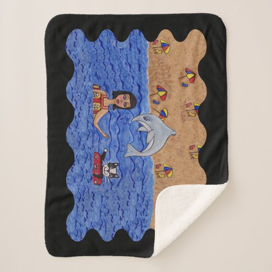 かわいい猫とレディーレッドのインナーチューブin海・イルカ シェルパブランケット (正面)