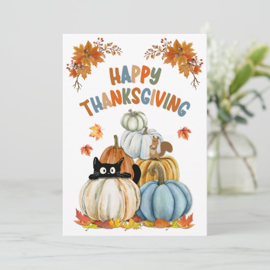 かわいい猫とレトロカボチャHappy Thanksgiving シーズンカード (スタンド正面)