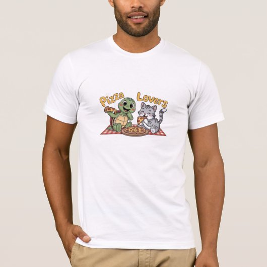 かわいい猫と亀の楽しむ食べピザ Tシャツ (正面)