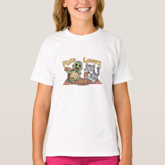 かわいい猫と亀の楽しむ食べピザ Tシャツ