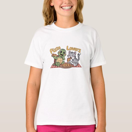 かわいい猫と亀の楽しむ食べピザ Tシャツ (正面)