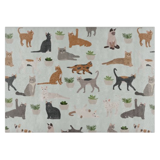 かわいい猫と家の植物 カッティングボード (正面)