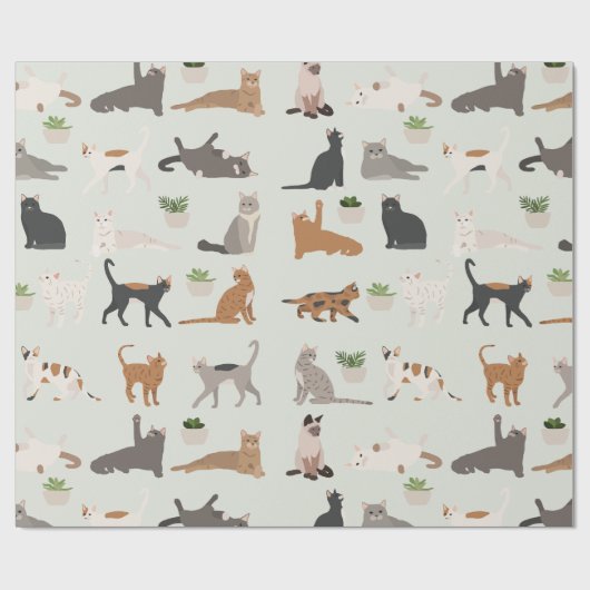 かわいい猫と家の植物 ラッピングペーパー (フラット)