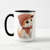 かわいい猫と帽子、スカーフのパステル色 マグカップ (左)