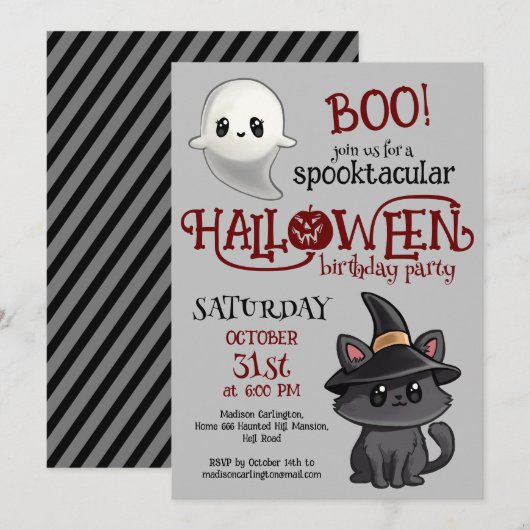 かわいい猫と幽霊のハロウィンお誕生日会 招待状 (正面/裏面)