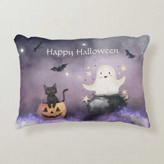 かわいい猫と幽霊ハロウィン アクセントクッション (正面)